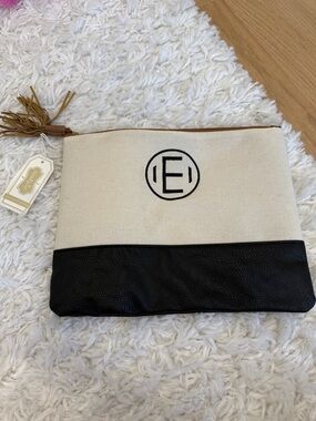 Mud Pie Canvas and Black Faux Leather Monogram Clutch - E